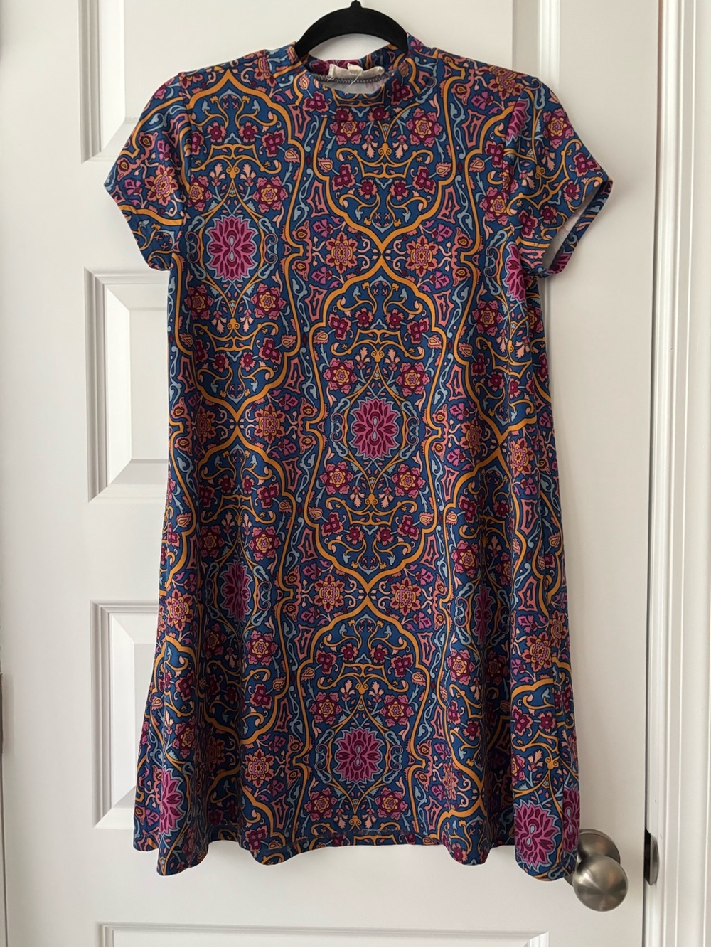 Pink Rose Paisley-Print Short Sleeve Mock Neck Swing Dress S